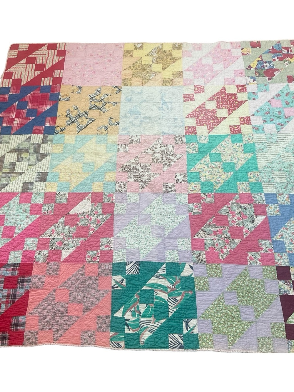 Vintage hand stitched multicolor Patchwork Quilt 72 x 74 USA made